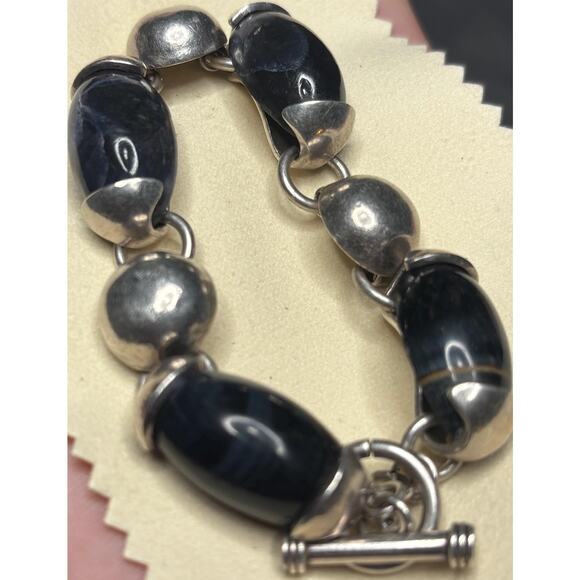 Vintage Sterling Silver Chunky Blue Sodalite Cabochon Link Toggle Bracelet - Picture 3 of 6